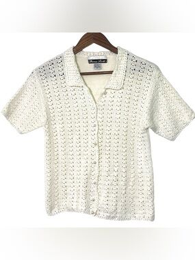 Vintage Dana Scott Cream Crochet Knit Button Front Cardigan Shirt Cottagecore